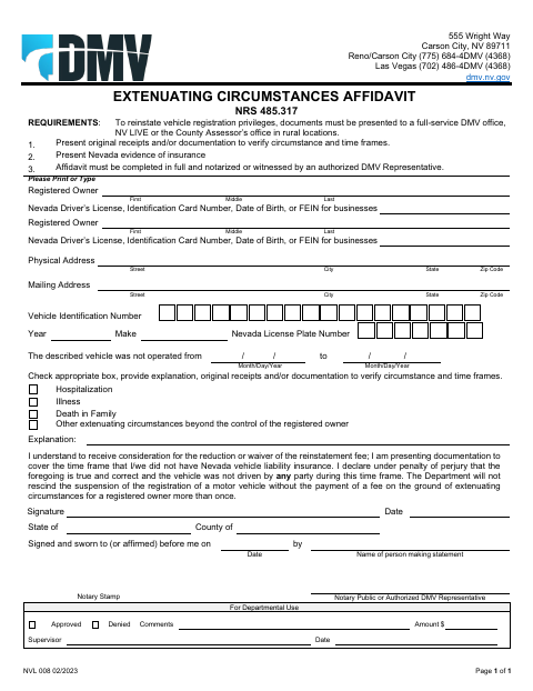 NVL 008 Extenuating Circumstances Affidavit first page