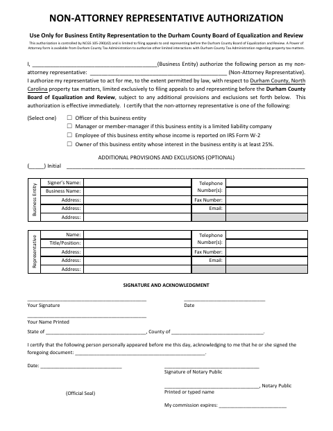 Non-Attorney Representative Authorization, Durham County form, first page