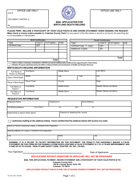 Mail Application for Birth and Death Record, Coleman County form, first page