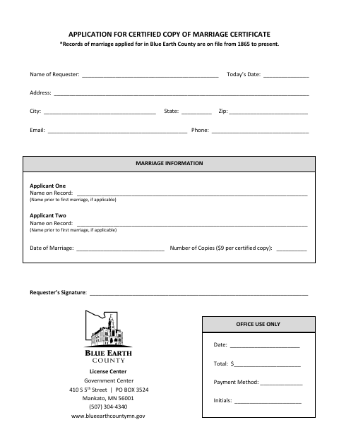 First page of the Application for Certified Copy of Marriage Certificate