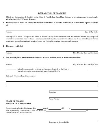 Declaration of Domicile — Washington County form, first page