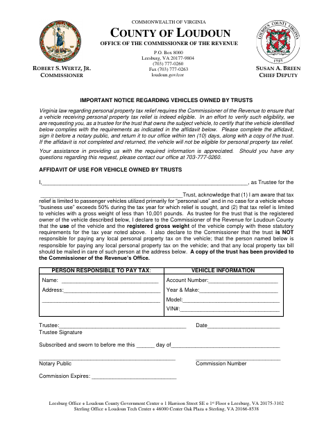 Affidavit of Use for Vehicle Owned by Trusts, Loudoun County form, first page