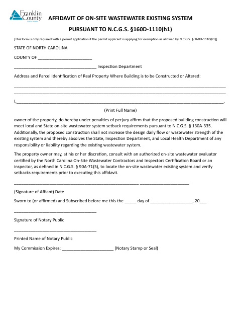 Affidavit Of On-Site Wastewater Existing System, Franklin County form, first page