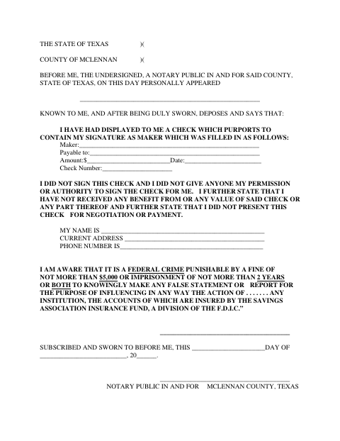 Forgery Affidavit, McLennan County form, first page