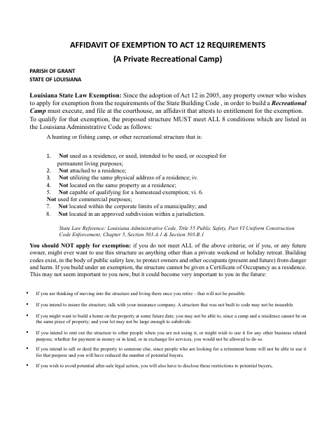 Affidavit of Exemption to Act 12 Requirements, Grant Parish form, first page
