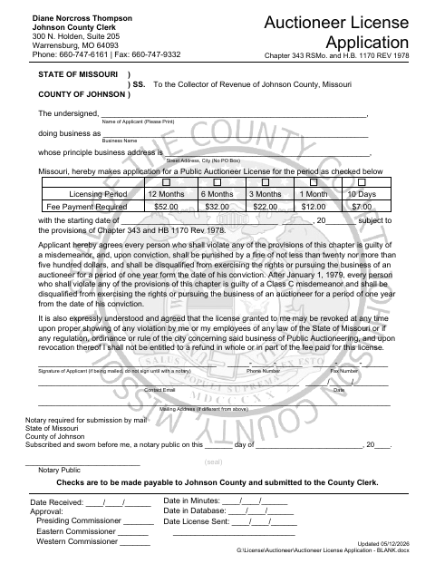 Auctioneer License Application, Johnson County form, first page