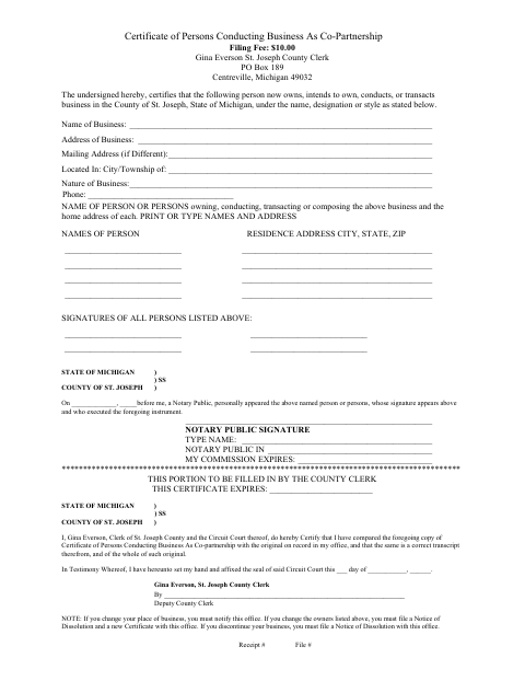 Certificate of Persons Conducting Business As Co-Partnership, St. Joseph County form, first page