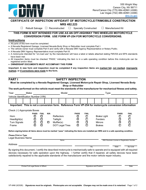 VP-64M Certificate of Inspection and Affidavit of Motorcycle/Trimobile Construction first page