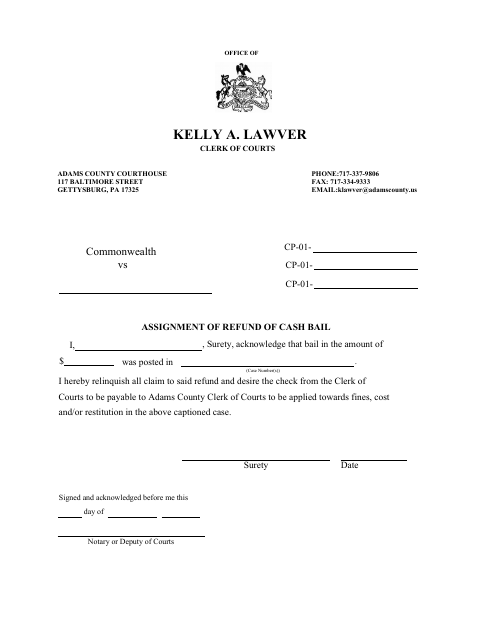 Assignment of Refund of Cash Bail, Adams County form, first page