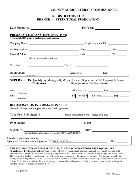 First page of the Registration for Branch 1 – Structural Fumigation