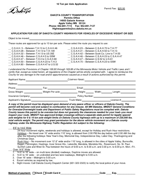 First page of the 10 Ton Per Axle Application