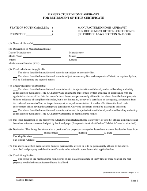 Manufactured Home Affidavit For Retirement Of Title Certificate, York County form, first page