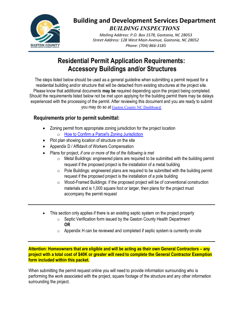 Residential Permit Application Requirements: Accessory Buildings And Structures, Gaston County form, first page
