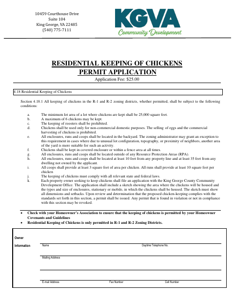 Residential Keeping of Chickens Permit Application, King George County form, first page