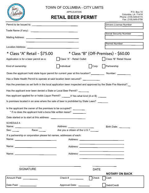 First page of the Retail Beer Permit Application