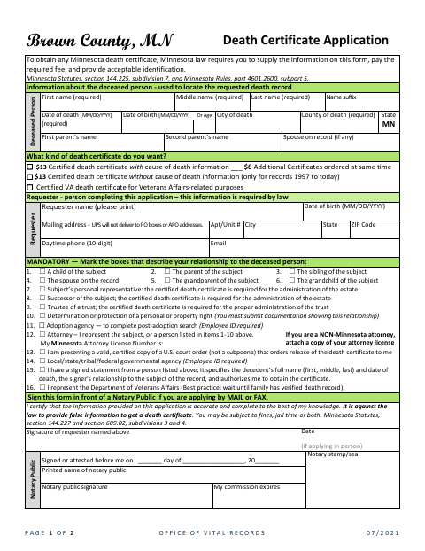 Death Certificate Application, Brown County form, first page