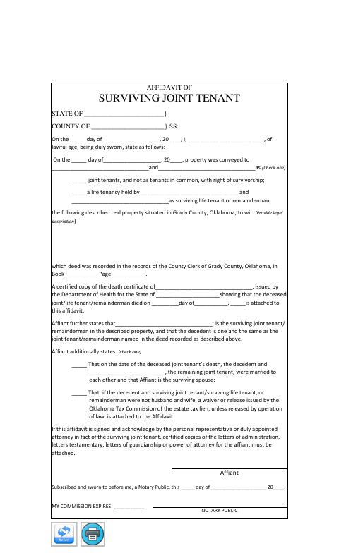 Affidavit of Surviving Joint Tenant, Grady County form, first page