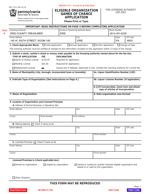 Eligible Organization Games of Chance Application, Erie County form, first page