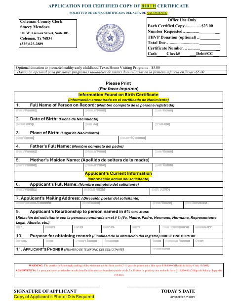 First page of the Application for Certified Copy of Birth Certificate