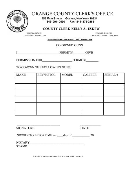 Pistol Permit Co-Owned Form, Orange County form, first page
