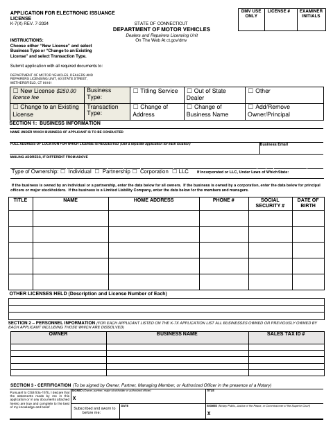 K-7(X) Application for Electronic Issuance License first page