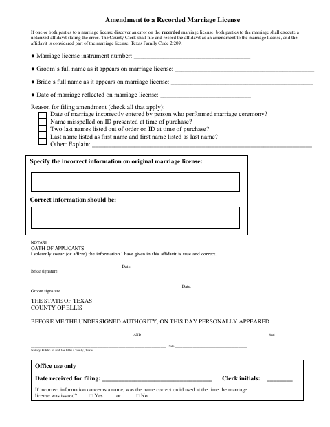 Affidavit to Correct a Marriage License, Ellis County form, first page