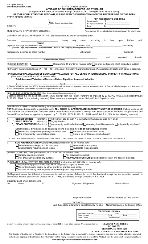 Affidavit of Consideration for Use by Seller, Gloucester County form, first page