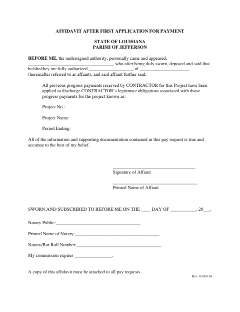 Affidavit After First Application for Payment, Jefferson Parish form, first page