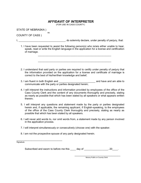 Affidavit Of Interpreter, Cass County form, first page