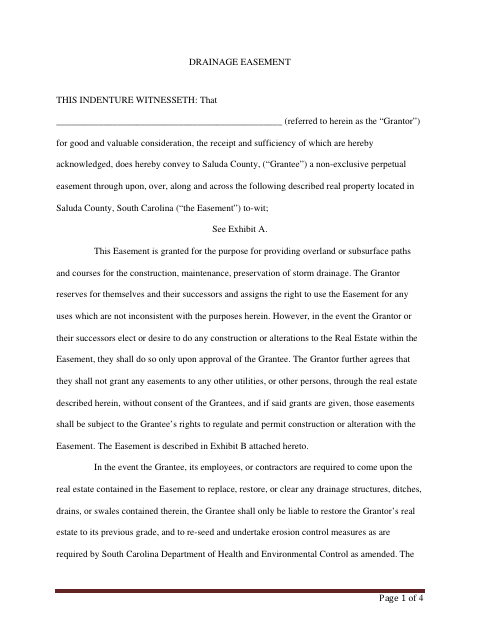 Drainage Easement, Saluda County form, first page