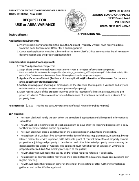 First page of the Application to the Zoning Board of Appeals for a Use or Area Variance
