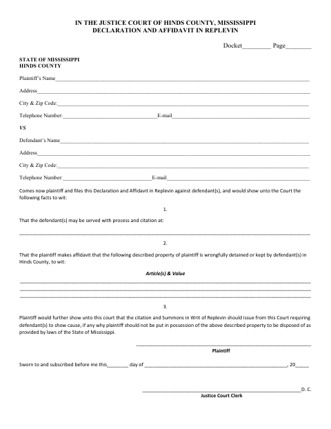 Declaration and Affidavit in Replevin, Hinds County form, first page
