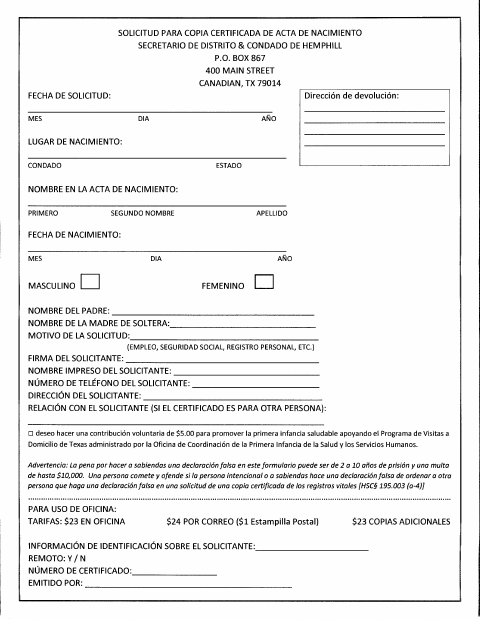 Solicitud Para Copia Certificada de Acta de Nacimiento, Hemphill County form, first page