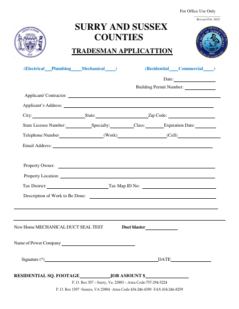 Tradesman Application, Sussex County form, first page
