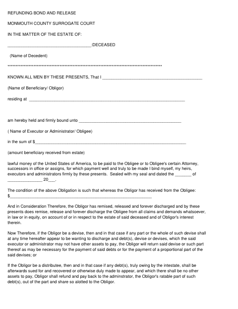 Refunding Bond And Release, Monmouth County form, first page