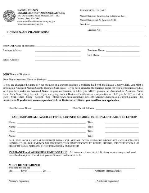 License Name Change Form, Nassau County form, first page