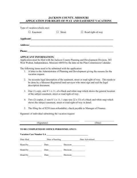Right-of-Way and Easement Vacation Application, Jackson County form, first page