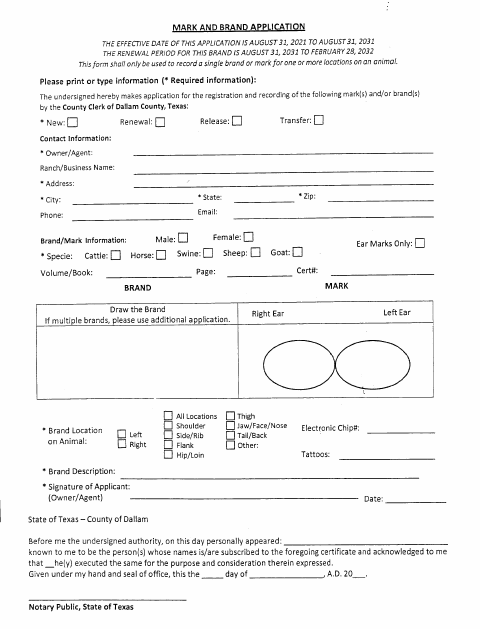 Mark And Brand Application, Dallam County form, first page