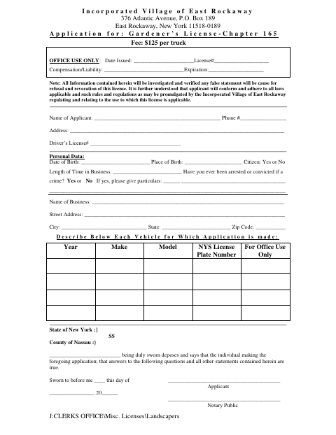 First page of the Gardeners License Application