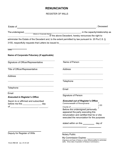 Renunciation, Butler County form, first page