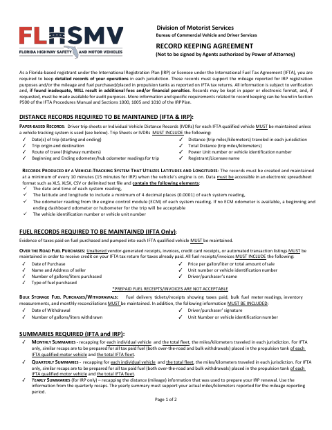 HSMV 85017 Record Keeping Agreement first page
