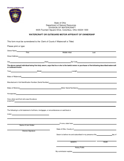 Watercraft or Outboard Motor Affidavit of Ownership, Lucas County form, first page