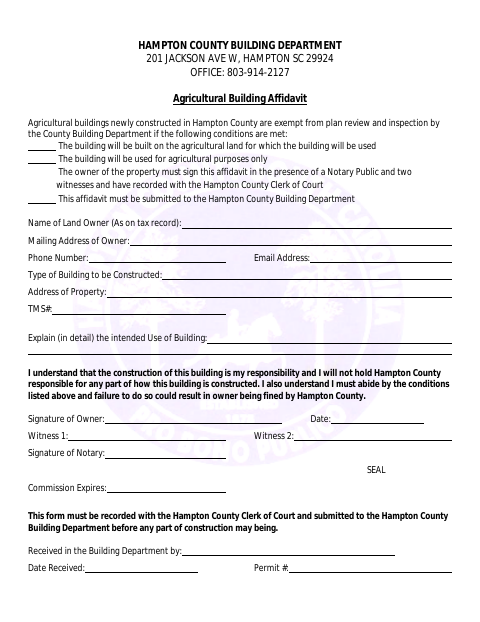 Agricultural Building Affidavit, Hampton County form, first page