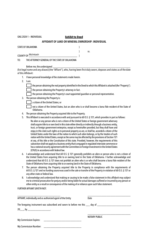 Affidavit of Land or Mineral Ownership: Individual, McIntosh County form, first page