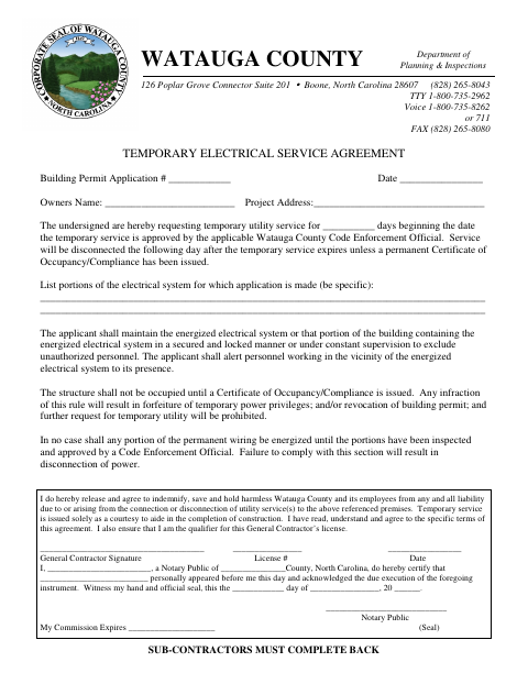 Temporary Electrical Service Agreement, Watauga County form, first page