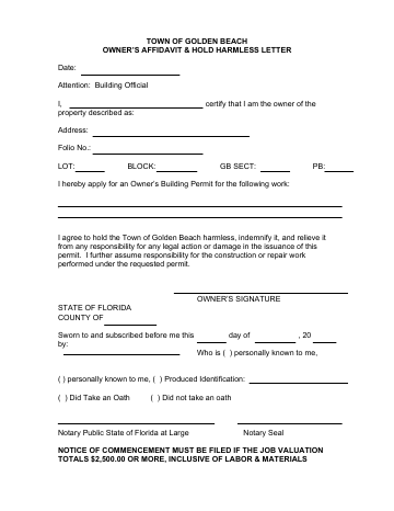 First page of the Owner's Affidavit & Hold Harmless Letter