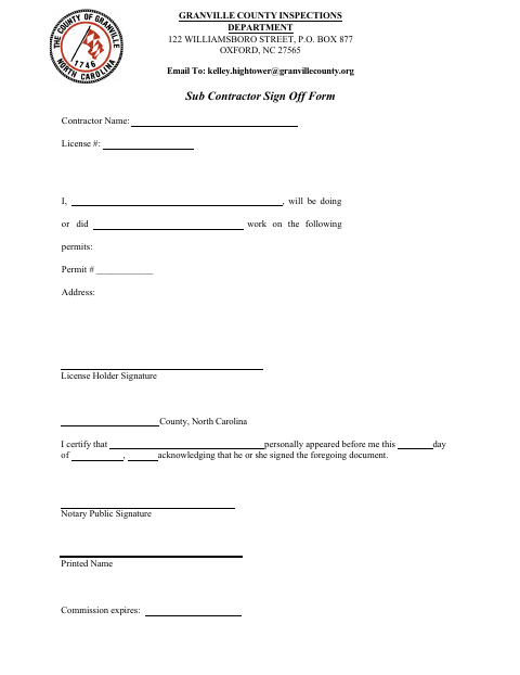 Subcontractor Sign-Off Form, Granville County form, first page
