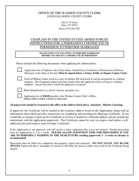 Chaplain in the United States Armed Forces Application for Certificate of Permission to Perform Marriages, Washoe County form, first page