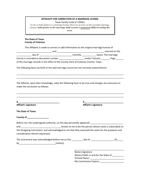 Affidavit for Correction of Marriage License, Coleman County form, first page