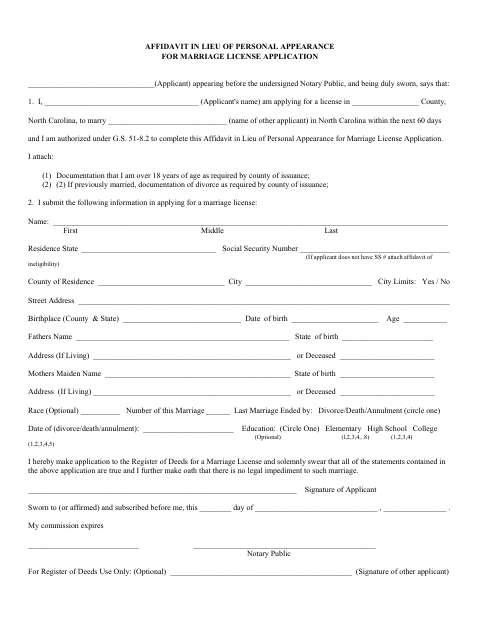 Affidavit in Lieu of Personal Appearance for Marriage License Application, New Hanover County form, first page